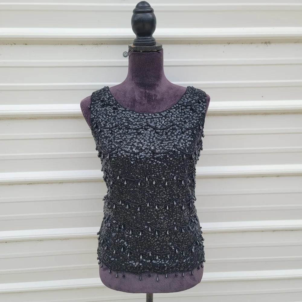 A Maxime Original 100% Pure Wool Beaded Sweater Top Black Sleeveless Womens Sz S